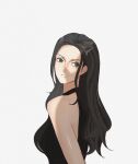  1girl black_dress black_hair blue_eyes chinese_commentary closed_mouth commentary_request cowboy_shot dress highres long_hair looking_back nico_robin one_piece sidelocks simple_background sleeveless sleeveless_dress solo white_background yang77780185 