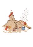 1girl angry blonde_hair bucket buried earrings flag flower flower_necklace granblue_fantasy hair_flower hair_ornament highres jewelry lei open_mouth sand sand_castle sand_sculpture shimatani_azu shouting shovel sunglasses translated twintails zeta_(granblue_fantasy) zeta_(summer)_(granblue_fantasy) 