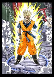  1boy amputee aura black_footwear blonde_hair blue_shirt boots city clenched_hand dougi dragon_ball dragon_ball_z electricity full_body highres kakeru_(dbskakeru) muscular muscular_male orange_pants orange_shirt pants red_eyes serious shirt short_hair short_sleeves sleeveless sleeveless_shirt solo son_gohan son_gohan_(future) spiky_hair super_saiyan super_saiyan_2 