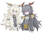  2boys arknights ascot black_hair black_jacket chinese_commentary closed_mouth collared_shirt commentary_request ebenholz_(arknights) epaulettes fringe_trim grey_shirt hair_between_eyes highres horns jacket jiekuijiangshadaonijiamenkou kreide_(arknights) long_hair long_sleeves male_focus multiple_boys no_nose open_clothes open_jacket shirt simple_background smile violet_eyes white_ascot white_background white_hair white_jacket yellow_pupils 