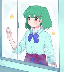  1girl blue_bow blue_shirt blue_skirt bow brown_eyes clothes_around_waist collared_shirt expressionless green_hair hair_behind_ear hair_ornament hair_ribbon hairclip hand_on_window highres jui_bangul looking_at_viewer macross macross_frontier pink_ribbon pleated_skirt ranka_lee ribbon shirt short_hair skirt solo star_(symbol) sweater sweater_around_waist 