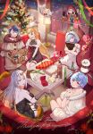  2boys 4girls absurdres alfonse_(fire_emblem) alternate_costume balloon bare_shoulders blonde_hair blue_bow blue_bowtie blue_eyes blue_hair bottle bow bowtie box carrot choker christmas christmas_lights christmas_tree commission commissioner_name couch dress earrings envelope fake_antlers feh_(fire_emblem_heroes) fire_emblem fire_emblem_heroes fishnet_gloves fishnet_thighhighs fishnets flower fur_trim gift gift_box gloves gold_horns gradient_hair green_eyes gullveig_(fire_emblem) heart_balloon highres holding holding_sack hooded_robe horns jewelry kiran_(fire_emblem) kiran_(male)_(fire_emblem) kvasir_(fire_emblem) lamp leather leather_gloves legwear_garter multicolored_hair multiple_boys multiple_girls on_couch pants pink_hair plaid plaid_pants red_bow red_bowtie red_choker red_robe ring robe sack second-party_source seidr_(fire_emblem) sharena_(fire_emblem) short_dress shuka_(sake_udon) single_horn skeb_commission snowman snowman_hood stuffed_animal stuffed_toy table teddy_bear thank_you thigh-highs thigh_strap thumbs_up white_flower white_hair wine_bottle yellow_bow yellow_bowtie yellow_eyes 