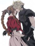  1boy 1girl aerith_gainsborough armor bandaged_arm bandages belt black_gloves blonde_hair braid braided_ponytail brown_hair closed_mouth cloud_strife couple cowboy_shot cropped_jacket dress earrings final_fantasy final_fantasy_vii final_fantasy_vii_rebirth final_fantasy_vii_remake gloves hair_ribbon half-closed_eyes hetero highres holding_hands jacket jewelry long_dress long_hair multiple_belts parted_bangs parted_lips pink_dress pink_ribbon red_jacket ribbon roku_(gansuns) short_hair short_sleeves shoulder_armor sidelocks single_bare_shoulder single_braid single_earring single_shoulder_pad sleeveless sleeveless_turtleneck spiky_hair suspenders tears turtleneck twitter_username wavy_hair white_background 