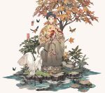  1girl absurdres anata_no_utahime_(lzr13708949567) autumn_leaves bird black_hair braid branch bug butterfly chinese_clothes closed_mouth crane_(animal) floral_print flower full_body grey_eyes hair_flower hair_ornament hanfu highres holding japanese_clothes kimono leaf long_sleeves looking_at_viewer original pond rock sash simple_background sitting solo standing tree water white_background yuanlingshan 