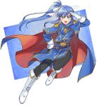  1girl :d absurdres artist_name betabetamaru black_pantyhose blue_background blue_cape blue_eyes blue_hair boots breasts cape commentary_request commission cosplay english_commentary fire_emblem fire_emblem:_genealogy_of_the_holy_war full_body gloves gold_trim hand_on_own_hip high_ponytail highres looking_at_viewer mixed-language_commentary original pantyhose red_cape seliph_(fire_emblem) seliph_(fire_emblem)_(cosplay) smile solo sparkle twitter_username two-sided_cape two-sided_fabric two-tone_background two-tone_cape watermark white_background white_footwear white_gloves 