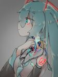  1girl android aqua_eyes aqua_hair aqua_necktie black_sleeves closed_mouth collared_shirt commentary_request damaged detached_sleeves facial_tattoo grey_background hand_up hatsune_miku long_sleeves mechanical_parts myon_x necktie number_tattoo profile shirt shoulder_tattoo sidelocks simple_background sleeveless sleeveless_shirt solo tattoo twintails vocaloid white_shirt 