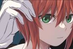  1boy 1girl close-up closed_mouth delfuze elias_ainsworth gloves green_eyes hatori_chise looking_at_viewer mahou_tsukai_no_yome redhead short_hair solo_focus white_gloves 
