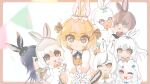  6+girls :&lt; :3 absurdres animal_ears arctic_hare_(kemono_friends) blue_eyes blue_skirt blush bow bowtie brown_bow brown_bowtie brown_collar brown_dress brown_eyes brown_fur brown_gloves brown_hair brown_vest capelet coat collar collared_dress domestic_rabbit_(kemono_friends) dress easter_egg egg egg_hair_ornament elbow_gloves european_hare_(kemono_friends) ezo_mountain_hare_(kemono_friends) food-themed_hair_ornament frilled_skirt frilled_sleeves frills fur_collar fur_trim gloves green_bow green_bowtie grey_gloves hair_between_eyes hair_bow hair_ornament heterochromia high_collar highres japanese_hare_(kemono_friends) japari_symbol kemono_friends kemono_friends_3 light_brown_hair long_coat long_hair looking_at_viewer mountain_hare_(kemono_friends) multicolored_hair multiple_girls one_eye_closed pleated_skirt puffy_sleeves purple_bow rabbit_ears rabbit_girl rabbit_tail red_bow red_bowtie sailor_collar sandals shirt short_hair sidelocks skirt snowshoe_hare_(kemono_friends) tail tsukuurufuru tsukuyomi_shinshi_(kemono_friends) two-tone_dress two-tone_hair vest white_bow white_capelet white_coat white_dress white_fur white_gloves white_hair white_shirt yellow_bow yellow_bowtie yellow_eyes 