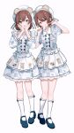  2girls animal_ear_headwear animal_ears bear_ears blush brown_eyes brown_hair collarbone dress fake_animal_ears fingers_to_cheeks frilled_dress frills full_body hands_on_own_cheeks hands_on_own_face hands_up highres idolmaster idolmaster_shiny_colors kneehighs long_sleeves looking_at_viewer mary_janes migolu multiple_girls osaki_amana osaki_tenka shoes short_hair short_sleeves siblings simple_background socks stuffed_animal stuffed_toy teddy_bear twins unmoving_pattern white_background white_socks 