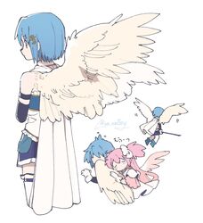  2girls artist_name blue_hair blue_skirt cape dress feathered_wings fortissimo gloves goddess_madoka hair_ornament highres holding holding_sword holding_weapon kaname_madoka magical_girl mahou_shoujo_madoka_magica mahou_shoujo_madoka_magica_(anime) miki_sayaka miki_sayaka_(magical_girl) multiple_girls multiple_views musical_note musical_note_hair_ornament pink_hair simple_background skirt standing sword thigh-highs un_nm5sy weapon white_background white_cape white_dress white_gloves white_thighhighs white_wings wings 