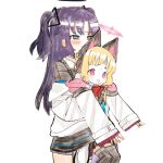  2girls animal_ear_headphones animal_ears black_skirt black_thighhighs blon blonde_hair blue_archive blush bow cat_ear_headphones closed_mouth fake_animal_ears hair_bow halo headphones hug jacket lifting_person long_hair long_sleeves mechanical_halo momoi_(blue_archive) multiple_girls open_clothes open_jacket open_mouth pink_bow pink_eyes pink_halo purple_hair red_bow red_eyes shinbashi_seiji short_hair simple_background skirt sweat thigh-highs two_side_up violet_eyes white_background white_jacket yuuka_(blue_archive) 