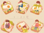  6+boys :&lt; bacon blue_eyes bowl_cut bread brothers brown_hair constricted_pupils food fried_egg full_body half-closed_eyes heart heart_in_mouth hood hoodie jitome knees_up lettuce long_sleeves lying male_focus matsuno_choromatsu matsuno_ichimatsu matsuno_jyushimatsu matsuno_karamatsu matsuno_osomatsu matsuno_todomatsu mayonnaise mayonnaise_bottle messy_hair mini_person miniboy multiple_boys on_food on_stomach open_mouth osomatsu-san osomatsu_(series) pants pink_eyes ponponzutea red_eyes shoes short_hair siblings sitting sitting_on_food sleeves_past_fingers sleeves_past_wrists slippers smile sneakers socks translation_request v-shaped_eyebrows 