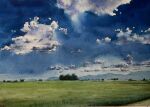  blue_sky clouds cloudy_sky field grass grasslands highres horizon mountain mountainous_horizon no_humans original painting_(medium) river riverbank shibakaka sky traditional_media tree water watercolor_(medium) 