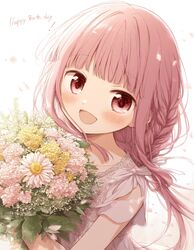  1girl birthday blush bouquet braid cherry_blossoms dress flower happy_birthday hime_cut holding holding_bouquet kwg lace-trimmed_dress lace_dress lace_trim looking_at_viewer magia_record:_mahou_shoujo_madoka_magica_gaiden mahou_shoujo_madoka_magica pink_eyes pink_hair sleeveless smile tamaki_iroha 