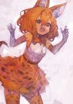  1girl absurdres animal_ear_fluff animal_ears bow bowtie claw_pose cowboy_shot double-parted_bangs elbow_gloves fang gloves hair_between_eyes highres kaamin_(mariarose753) kemono_friends medium_hair open_mouth orange_bow orange_bowtie orange_eyes orange_hair orange_skirt orange_thighhighs serval_(kemono_friends) serval_print shirt skirt sleeveless sleeveless_shirt smile solo thigh-highs v-shaped_eyebrows white_gloves white_shirt 