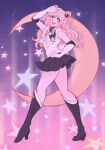  1990s_(style) 1girl :d bare_legs bishoujo_senshi_sailor_moon black_footwear black_skirt blonde_hair boots bow bowtie circlet cosplay crescent double_bun dreamysuite elbow_gloves full_body gloves hair_bun hand_on_own_hip happy high_heel_boots high_heels highres kirisame_marisa knee_boots leotard long_hair miniskirt open_mouth pleated_skirt retro_artstyle sailor_moon sailor_moon_(cosplay) skirt smile solo standing star_(symbol) touhou v very_long_hair white_bow white_bowtie white_gloves white_leotard 