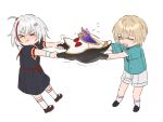 1boy 1girl 1other aged_down arms_up aventurine_(honkai:_star_rail) belt black_dress black_footwear blonde_hair blue_shirt blush bow buttons child closed_eyes closed_mouth collared_shirt creature crying dress flying_sweatdrops full_body grabbing grey_hair grey_necktie hair_between_eyes hair_ornament hairpin highres honkai:_star_rail honkai_(series) multicolored_hair necktie numby_(honkai:_star_rail) open_mouth puffy_short_sleeves puffy_sleeves red_belt red_bow redhead rende2vou3 sad shirt shoes short_hair short_sleeves shorts simple_background socks standing streaked_hair tears topaz_(honkai:_star_rail) trembling trotter_(honkai:_star_rail) v-shaped_eyebrows white_background white_shorts white_socks wristband 