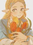  1girl blonde_hair bouquet braid crown_braid dress flower green_eyes hair_ornament hairclip highres holding holding_bouquet looking_at_viewer parted_lips pointy_ears princess_zelda simple_background solo ten_1397xx the_legend_of_zelda the_legend_of_zelda:_breath_of_the_wild tulip white_background 
