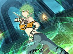  1girl architecture aura belt breast_tattoo breasts denim fighting_stance gothic_architecture green_hair hikage_(senran_kagura) hip_tattoo jeans knife large_breasts looking_at_viewer machete night non-web_source official_art open_belt pants senran_kagura senran_kagura_new_link slit_pupils snake_print snake_tattoo tattoo torn_clothes torn_jeans torn_pants yellow_eyes 