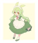  1girl absurdres adapted_costume alternate_hairstyle apron bobby_socks border collared_shirt frilled_apron frilled_shirt_collar frilled_skirt frills full_body goshi-san green_footwear green_hair green_skirt hair_between_eyes highres long_hair long_sleeves looking_at_viewer maid_headdress mary_janes neck_ribbon open_mouth outline outside_border petticoat ribbon shirt shoes simple_background skirt skirt_hold smile socks solo standing suspender_skirt suspenders twitter_username voicevox waist_apron white_apron white_border white_outline white_shirt white_socks yellow_background yellow_eyes zundamon 