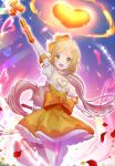  #compass 1girl absurdres arm_up blonde_hair dress elbow_gloves eyelashes gloves green_eyes highres holding holding_wand long_hair looking_at_viewer magical_girl open_mouth orange_dress petals rose_petals ruruka_(#compass) solo sparkle tendoshi very_long_hair wand white_gloves 