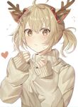  1girl absurdres ahoge animal_ears antlers axx_eternity7379 azusawa_kohane blush bow brown_eyes brown_sweater deer_ears fake_animal_ears flying_sweatdrops green_bow hair_bow heart highres horns light_brown_hair long_sleeves looking_at_viewer project_sekai red_bow reindeer_antlers short_hair simple_background sleeves_past_wrists solo sweater turtleneck turtleneck_sweater twintails upper_body white_background 
