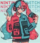  black_skirt blue_choker blue_eyes blue_hair choker controller emily_kim game_controller hair_ornament handheld_game_console headphones heart heart_choker heterochromia highres holding holding_handheld_game_console humanization jacket multicolored_clothes multicolored_hair multicolored_jacket nintendo nintendo_switch pixel_text pleated_skirt red_choker red_eyes redhead simple_background skirt sparkle twintails twitter_username two-tone_hair two-tone_jacket v 