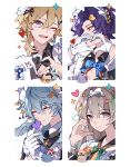  ... 1girl 3boys ;d alternate_costume anger_vein animalization apron artist_name aventurine_(honkai:_star_rail) bird black_dress blonde_hair blue_bow blue_eyes blue_hair blue_pupils bow bowtie breast_cutout brown_eyes cat cleavage_cutout closed_eyes closed_mouth clothing_cutout collared_dress commentary crossdressing dr._ratio_(honkai:_star_rail) dress earrings enmaided finger_heart firefly_(honkai:_star_rail) gloves green_bow grey_hair hair_between_eyes hair_bow hair_intakes hair_ornament halo halo_behind_head head_wings heart heart_hands highres honkai:_star_rail honkai_(series) jewelry leaf_hair_ornament long_hair long_sleeves maid maid_apron maid_headdress male_maid math medium_hair multicolored_eyes multiple_boys multiple_rings neckerchief one_eye_closed open_mouth pectoral_cleavage pectorals pink_eyes purple_hair ring rubber_duck short_hair simple_background single_earring single_glove smile sunday_(honkai:_star_rail) sunglasses symbol-only_commentary upper_body violet_eyes white_apron white_background white_gloves wing_collar wings yellow_eyes yellow_neckerchief yeurei 