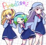  3girls :o beret blonde_hair blue_dress blue_hair blue_hat blue_jacket blunt_bangs blush bow braid closed_mouth commentary_request cosplay cropped_jacket diamond_earrings dress earrings gradient_hair green_eyes green_hair grey_hair grin hair_bow hand_on_own_hip hands_up hat highres himitsu_no_aipri idol_time_pripara index_finger_raised jacket jewelry koda_michiru koyoshi_yoko leaning_forward long_hair long_sleeves looking_at_viewer miichiru_(pripara) multicolored_hair multiple_girls nijiiro_nino one_eye_closed open_mouth paradise_private_academy_school_uniform pretty_series pripara red_eyes school_uniform short_hair smile standing twin_braids two_side_up very_long_hair violet_eyes wavy_hair yumekawa_yui 