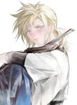  1boy absurdres aged_down blonde_hair blue_eyes blue_shorts blush closed_mouth cloud_strife commentary duoj_ji final_fantasy final_fantasy_vii final_fantasy_vii_remake highres looking_at_viewer low_ponytail male_focus medium_hair shirt short_sleeves shorts solo spiky_hair swept_bangs symbol-only_commentary t-shirt upper_body white_background white_shirt 