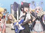  5girls :d airi_(band)_(blue_archive) airi_(blue_archive) animal_ears black_hair blonde_hair blue_archive cat_ears cat_girl commentary_request electric_guitar extra_ears fusion_dance grey_skirt guitar halo highres holding holding_instrument indoors instrument kazusa_(band)_(blue_archive) kazusa_(blue_archive) multiple_girls natsu_(band)_(blue_archive) natsu_(blue_archive) official_alternate_costume open_door open_mouth pink_hair pink_skirt reisa_(blue_archive) school_uniform serafuku shirt skirt smile speech_bubble standing translation_request white_shirt white_skirt yoshimi_(band)_(blue_archive) yoshimi_(blue_archive) yukie_(kusaka_shi) 