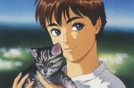  1990s_(style) 1girl artist_request blue_eyes blurry blurry_background carrying cat izumi_noa key_visual kidou_keisatsu_patlabor official_art pet promotional_art redhead retro_artstyle scan short_hair traditional_media 