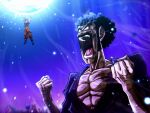  2boys absurdres afro black_eyes black_hair blue_shirt blurry blurry_background clenched_hands dragon_ball dragon_ball_z facial_hair genki_dama highres mr._satan multiple_boys muscular muscular_male mustache open_mouth orange_pants pants powering_up screaming shirt solo_focus son_goku stmt_tmtk torn_clothes torn_pants torn_shirt 