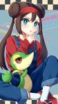  1girl :o absurdres alternate_costume blue_overalls bright_pupils brown_hair commentary_request double_bun ebi-chan_(tvyd2583) green_eyes hair_bun hairband hand_on_own_chin hand_up highres long_hair long_sleeves overalls pokemon pokemon_(creature) pokemon_bw2 red_footwear red_hairband red_sweater rosa_(pokemon) shoes sidelocks sitting snivy socks star_(symbol) stroking_own_chin sweater twintails white_pupils 