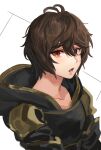  1boy ahoge brown_hair commentary_request expressionless granblue_fantasy hair_between_eyes hood hood_down light_blush looking_at_viewer male_focus messy_hair open_mouth parted_lips red_eyes sandalphon_(granblue_fantasy) short_hair solo tki upper_body white_background 