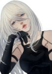  1girl a2_(nier:automata) aegyo_sal android black_gloves blue_eyes commentary english_commentary eyelashes gloves grey_hair hair_between_eyes highres long_hair looking_at_viewer mitsuki_nite mole mole_under_mouth nier:automata nier_(series) parted_lips red_lips simple_background solo upper_body white_background 
