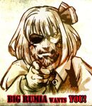  beard big_boss commentary_request english_text eyepatch facial_hair five-seven_(0verlimits) hair_ribbon i_want_you metal_gear_(series) pointing pointing_at_viewer poster_parody ribbon rumia short_hair solo touhou upper_body 