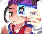  1boy ? black_hair blush holding id_card jacket kieran_(pokemon) long_sleeves looking_at_viewer male_focus mole mole_on_neck multicolored_hair nose_blush open_clothes open_jacket parted_lips pokemon pokemon_sv purple_hair red_tank_top simple_background sleeves_past_wrists solo sweat tank_top upper_body uzura_syouyu white_jacket yellow_eyes 
