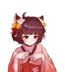  1girl ahoge animal_ears bell blush bow brown_hair cat_ears cat_girl choker commentary gae_bokchi hair_bell hair_ornament hair_ribbon highres holding holding_mahjong_tile ichihime japanese_clothes jingle_bell kimono lace-trimmed_sleeves lace_trim long_sleeves mahjong_soul mahjong_tile obi paw_pose pink_kimono red_bow red_choker red_eyes red_ribbon red_sash ribbon sad sash short_hair simple_background solo tearing_up upper_body waist_bow white_background wide_sleeves 