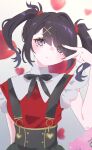  1girl ame-chan_(needy_girl_overdose) black_hair black_ribbon blurry blurry_background closed_mouth commentary_request eyes_visible_through_hair hair_ornament hair_over_one_eye hand_up highres kousaki_(yeuk7427) long_hair looking_at_viewer neck_ribbon needy_girl_overdose pien_cat_(needy_girl_overdose) red_shirt ribbon shirt skirt solo suspender_skirt suspenders twintails v_over_eye violet_eyes x_hair_ornament 