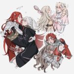  !? 6+girls alternate_hairstyle armor armored_dress black_gloves black_robe blonde_hair blush bow breastplate commentary cordelia_(fire_emblem) cropped_torso dress drill_hair english_commentary eye_contact fire_emblem fire_emblem_awakening gauntlets gloves grey_hair hair_bow hair_brush highres hood hood_down hooded_robe hug lissa_(fire_emblem) long_hair looking_at_another maribelle_(fire_emblem) multiple_girls oratoza profile red_eyes redhead robe robin_(female)_(fire_emblem) robin_(fire_emblem) short_hair simple_background sully_(fire_emblem) sumia_(fire_emblem) sweatdrop twin_drills twintails white_background white_bow white_hair wing_hair_ornament yuri 