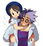  1boy 1girl :d blue_hat braid brown_eyes brown_hair carrying coat collared_shirt commentary_request eyelashes flying_sweatdrops happy hat jacq_(pokemon) juliana_(pokemon) moruka_(karupattyo03) open_clothes open_coat open_mouth orange_shorts piggyback pokemon pokemon_sv purple_shirt shirt shorts smile striped_clothes striped_shirt translation_request white_background 