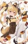  1girl animal_ears bare_shoulders black_footwear blonde_hair dress food goma_(u_p) hair_ornament hat highres holding long_hair looking_at_viewer mini_hat original pantyhose poker shoes smile solo tail top_hat twintails white_pantyhose wrist_cuffs 