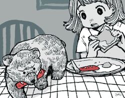  1girl bear bread bread_slice collared_shirt food food_theft fried_egg greyscale hands_up highres holding holding_food indoors looking_at_animal minimized monochrome on_chair onobane open_mouth original procreate_(medium) raised_eyebrows sausage shirt short_hair short_sleeves signature sitting solo spot_color surprised table tablecloth toast upper_body v-shaped_eyebrows wide-eyed 