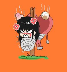  1girl angry black_hair bound bruise chainsaw_man demon_girl highres injury long_hair mangaka orange_background sailen0 scar scar_on_face tied_up_(nonsexual) wrapped_up yoru_(chainsaw_man) 