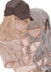  2girls bad_id bad_pixiv_id bang_dream! bang_dream!_it&#039;s_mygo!!!!! baseball_cap black_hat black_ribbon blonde_hair blue_hair blush collarbone hair_between_eyes hair_ribbon hat highres hug junjun_(kimi-la) long_hair long_sleeves medium_hair misumi_uika multiple_girls ribbon shirt short_hair sidelocks simple_background togawa_sakiko upper_body violet_eyes white_background white_shirt yellow_eyes yuri 