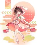  1girl ahoge brown_hair carrot dress full_body highres hooded_dress inaba_tewi pink_dress pink_skirt pleated_skirt red_eyes shirocha_tei short_hair skirt solo touhou white_background 