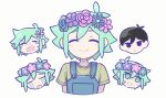  2boys basil_(headspace)_(omori) basil_(omori) black_hair blue_overalls flower green_eyes green_hair head_wreath multiple_boys omori omori_(omori) overalls shirt short_hair short_sleeves simple_background sr_ld_fr white_background yellow_shirt 