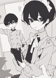  2boys apron black_eyes black_hair buttons chef colored_skin double-breasted dual_persona greyscale hagan_tw holding holding_notepad holding_pen limbus_company long_sleeves looking_at_viewer maid_apron maid_headdress monochrome multiple_boys neck_ribbon notepad parted_lips pen project_moon puffy_long_sleeves puffy_sleeves ribbon sang_yi_(project_moon) white_ribbon white_skin yi_sang_(project_moon) 