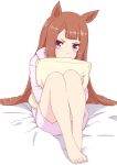  1girl alternate_costume alternate_hairstyle animal_ears barefoot bed blunt_bangs brown_hair commentary_request highres horse_ears horse_girl horse_tail long_hair looking_at_viewer pillow sitting sleepwear solo sweep_tosho_(umamusume) tail umamusume unamumuru violet_eyes white_background 